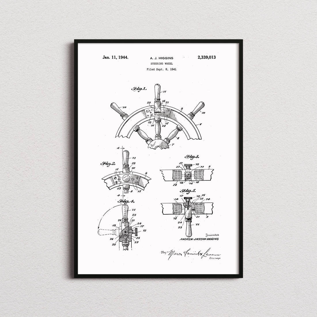 Ships Steering Wheel Patent Print in the white colourway, framed