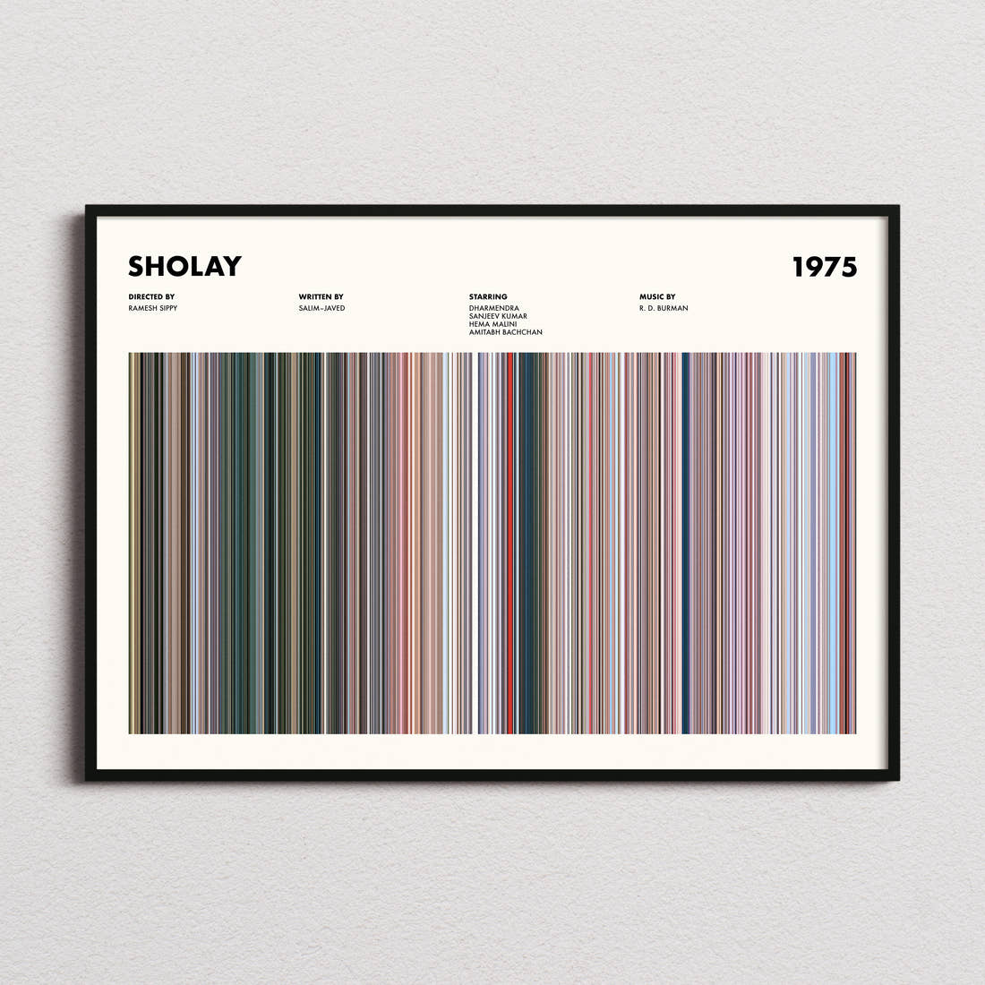 Sholay Movie Barcode Poster framed and photographed straight on
