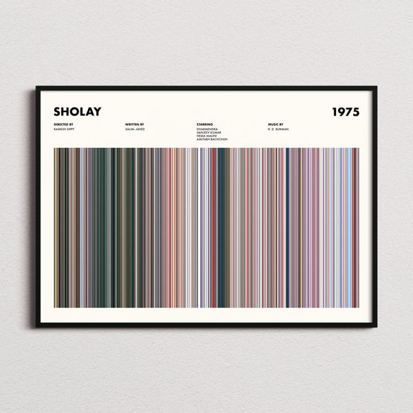 Sholay Movie Barcode Poster framed and photographed straight on