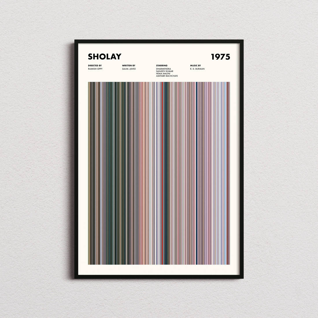 Sholay Movie Barcode Poster framed on a plain studio wall
