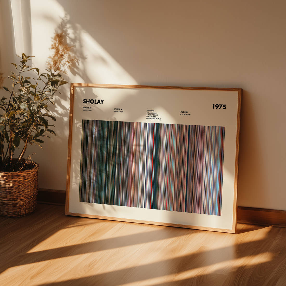 Sholay Movie Barcode Poster framed and leaning against a wall on a wooden floor