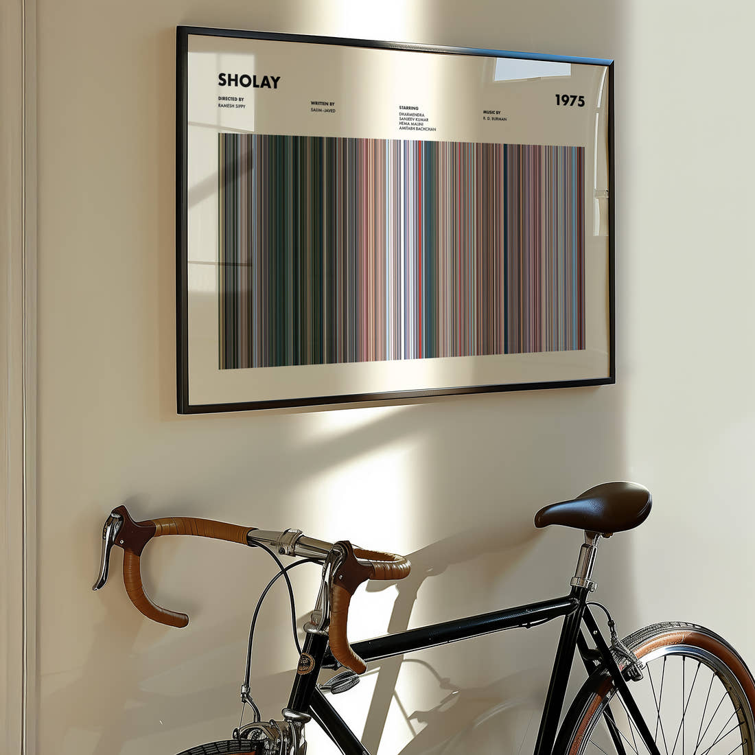 Sholay Movie Barcode Poster framed on the wall of a styled room setting