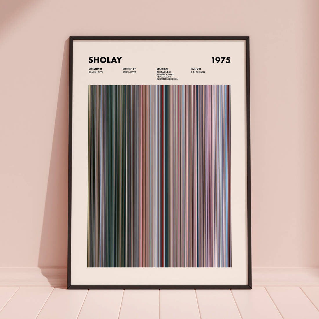 Sholay Movie Barcode Poster framed and leaning against a coloured wall
