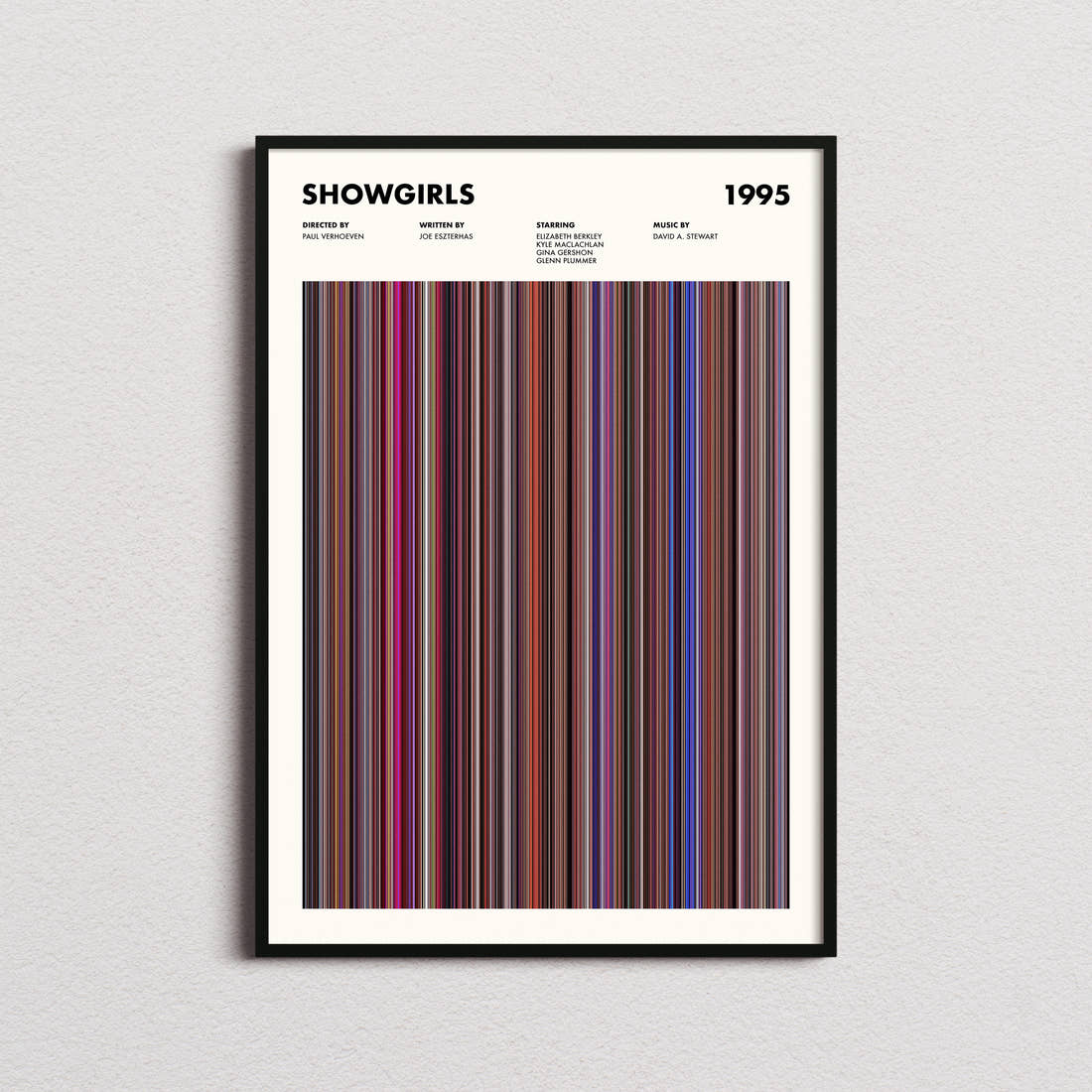 Showgirls Movie Barcode Poster framed on a plain studio wall