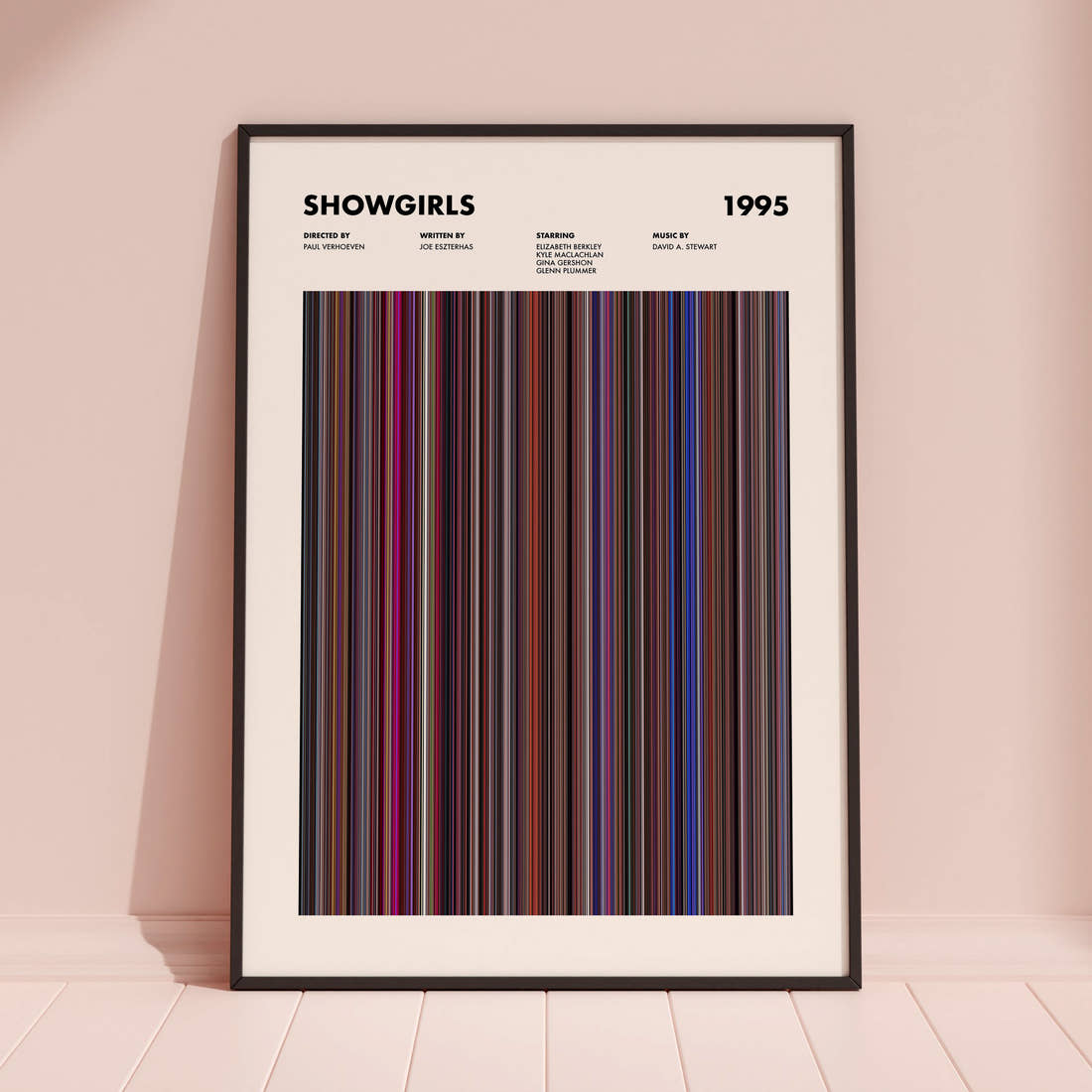 Showgirls Movie Barcode Poster framed and leaning against a coloured wall