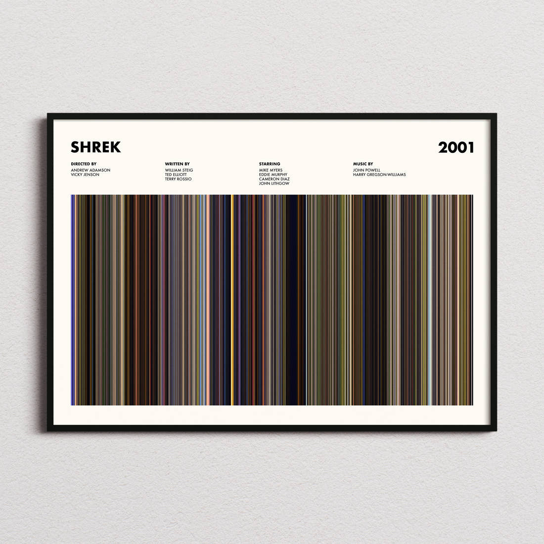 Shrek Movie Barcode Poster framed and photographed straight on