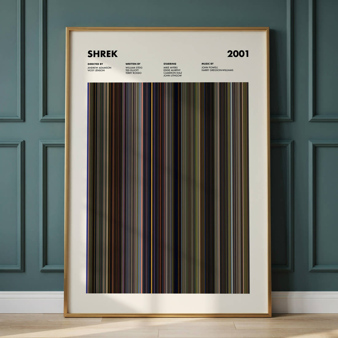 Shrek Movie Barcode Poster framed and leaning against a panelled wall