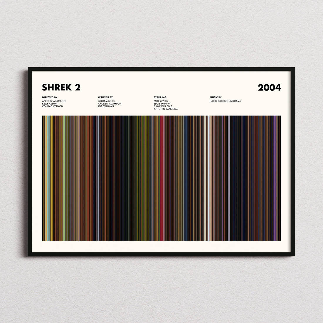 Shrek 2 Movie Barcode Poster framed and photographed straight on