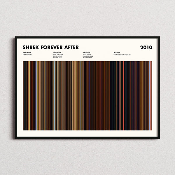 Shrek Forever After Movie Barcode Poster framed and photographed straight on