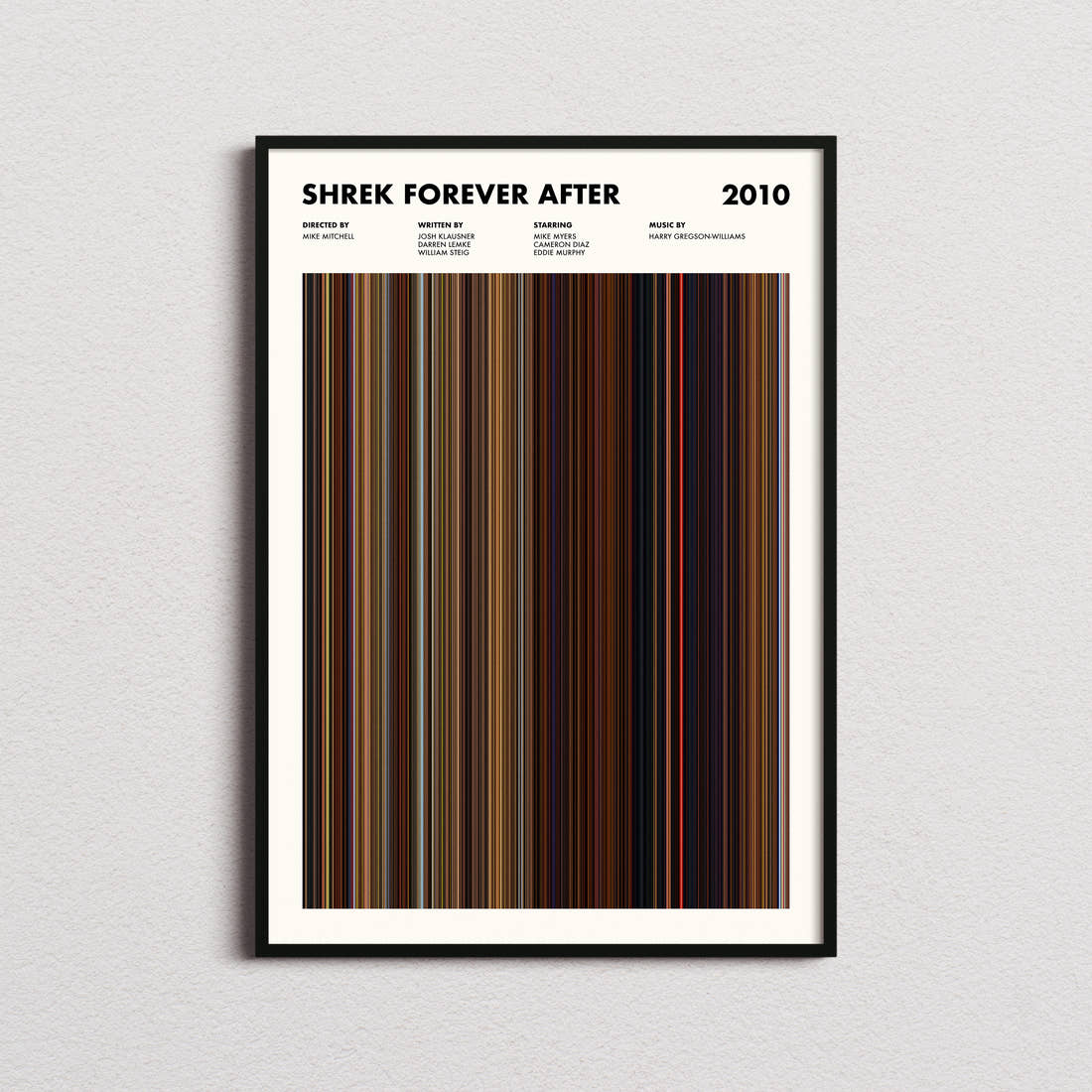 Shrek Forever After Movie Barcode Poster framed on a plain studio wall