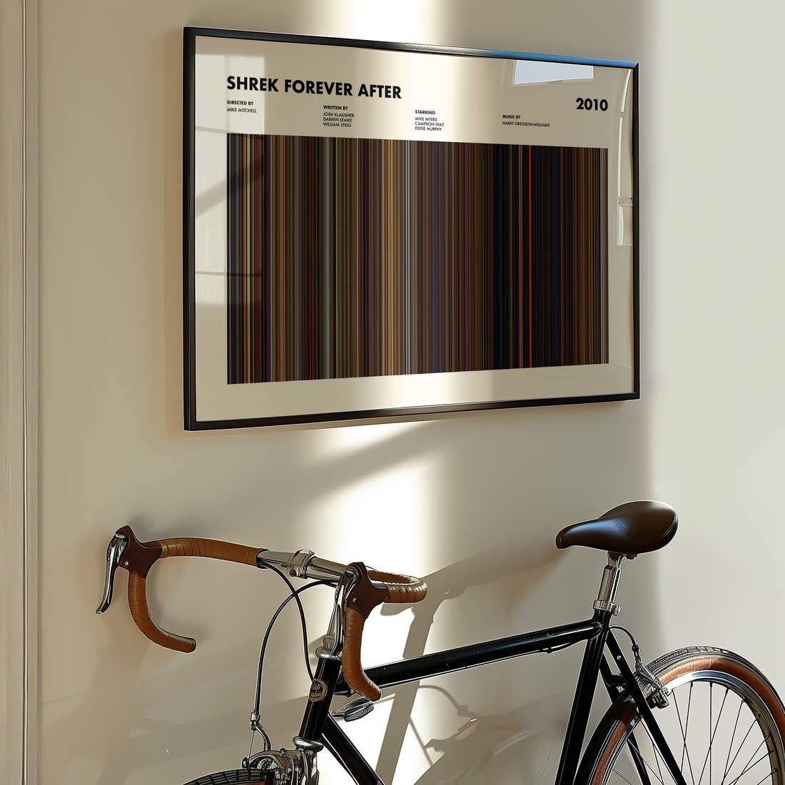 Shrek Forever After Movie Barcode Poster framed on the wall of a styled room setting
