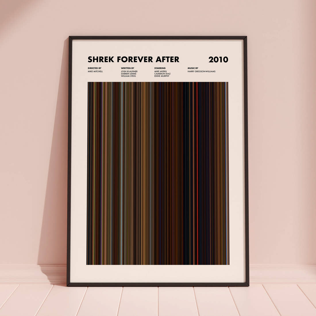 Shrek Forever After Movie Barcode Poster framed and leaning against a coloured wall