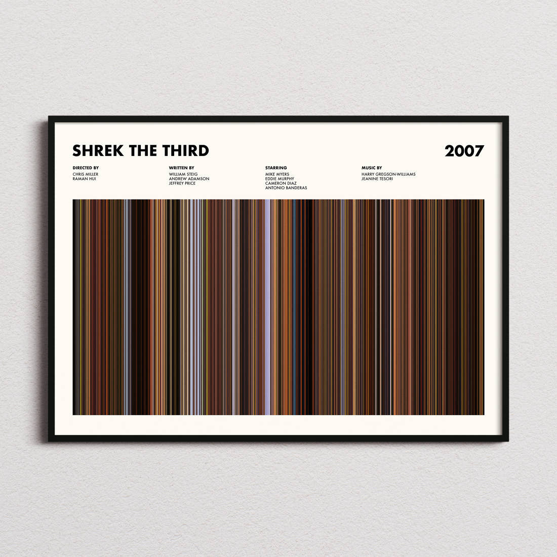 Shrek The Third Movie Barcode Poster framed and photographed straight on