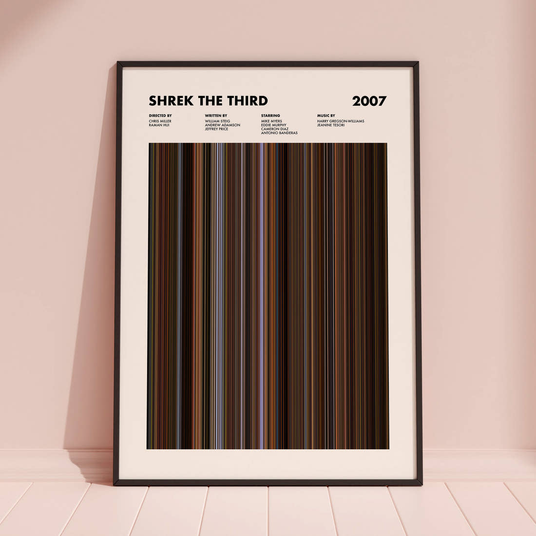 Shrek The Third Movie Barcode Poster framed and leaning against a coloured wall