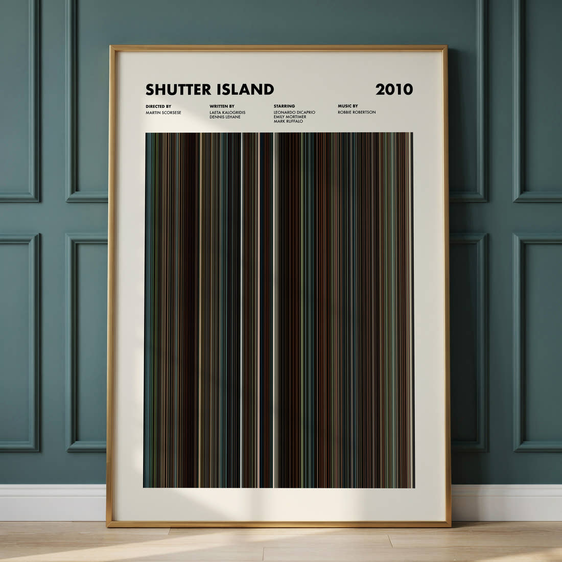 Shutter Island Movie Barcode Poster framed and leaning against a panelled wall