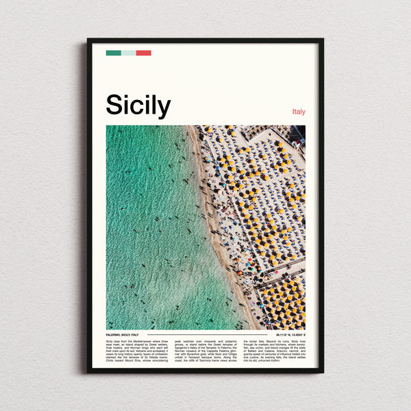 Sicily Aerial Beach View Travel Print framed and photographed straight on