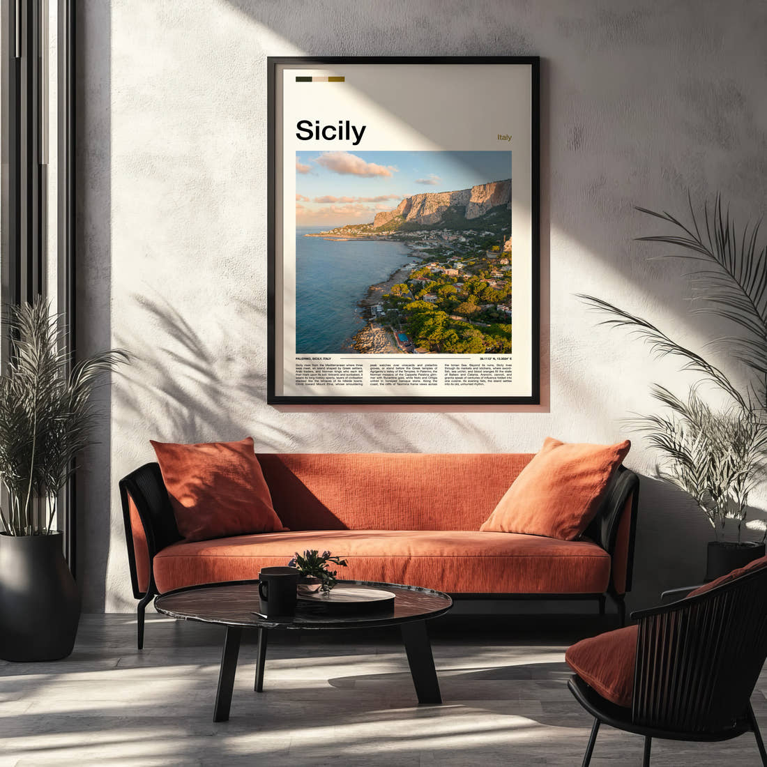 Sicily Coastal Cliffside View Travel Print framed on the wall of a modern living room