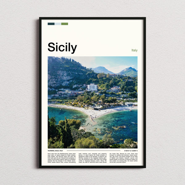 Sicily Coastal Hillside View Travel Print framed and photographed straight on