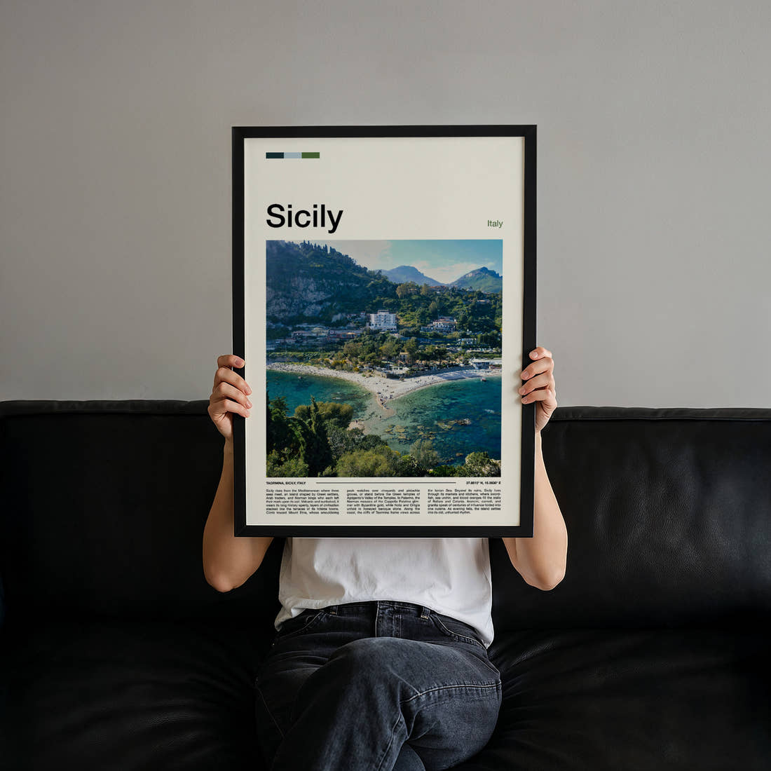 Sicily Coastal Hillside View Travel Print held up by hand to show the size of the print