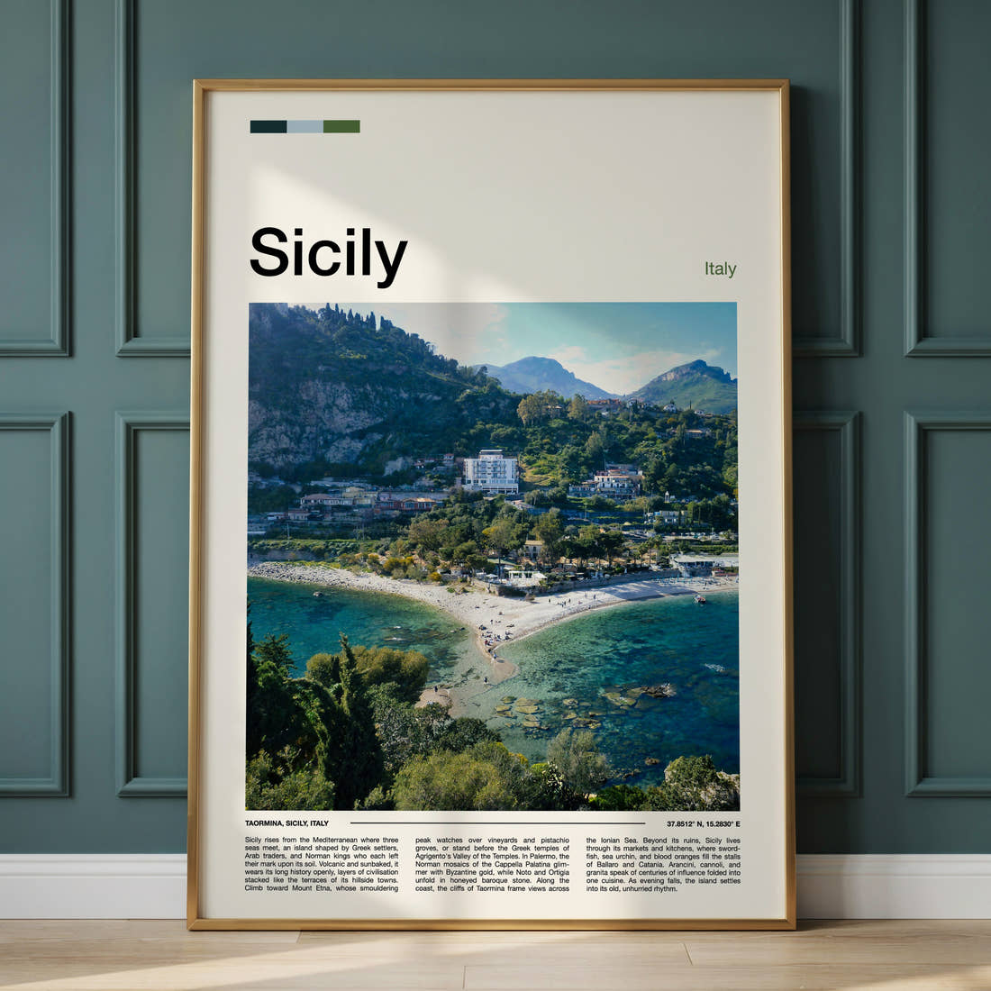 Sicily Coastal Hillside View Travel Print framed on the wall of a calm, neutral bedroom