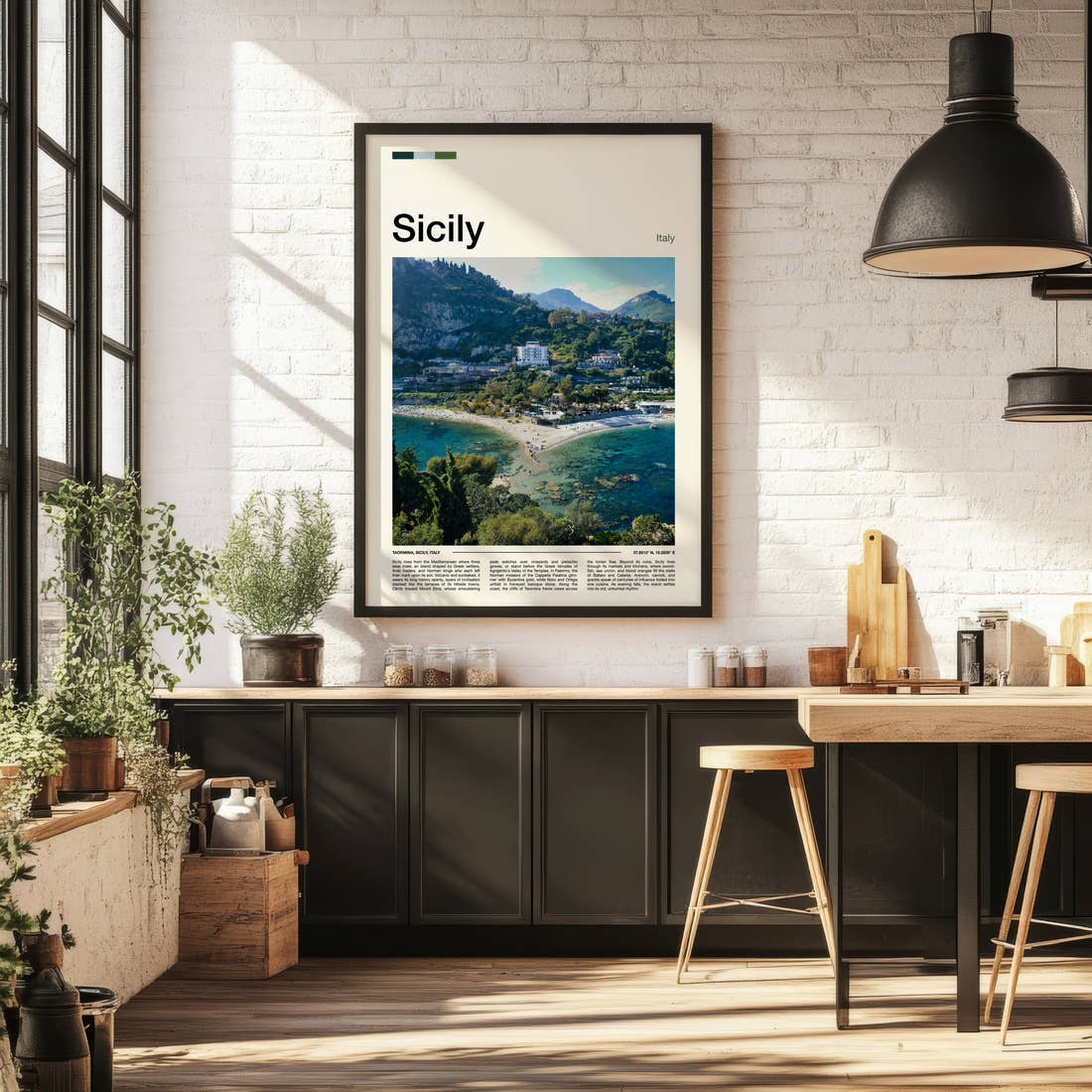 Sicily Coastal Hillside View Travel Print framed on the wall of a bright kitchen and dining space