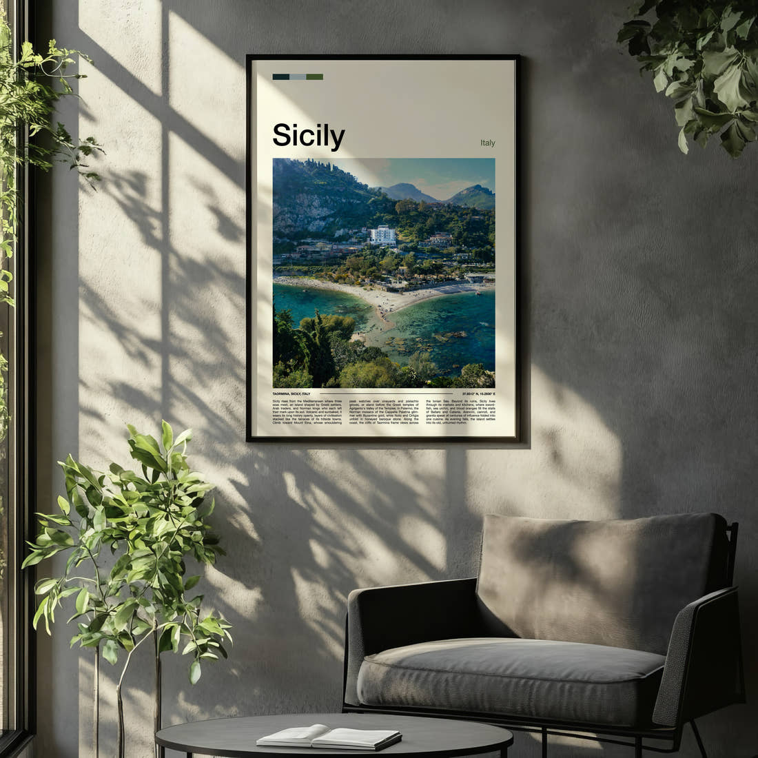 Sicily Coastal Hillside View Travel Print framed on the wall of a relaxed living room