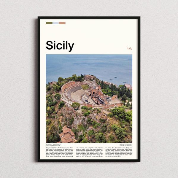 Sicily Ancient Theatre Aerial Travel Print framed and photographed straight on