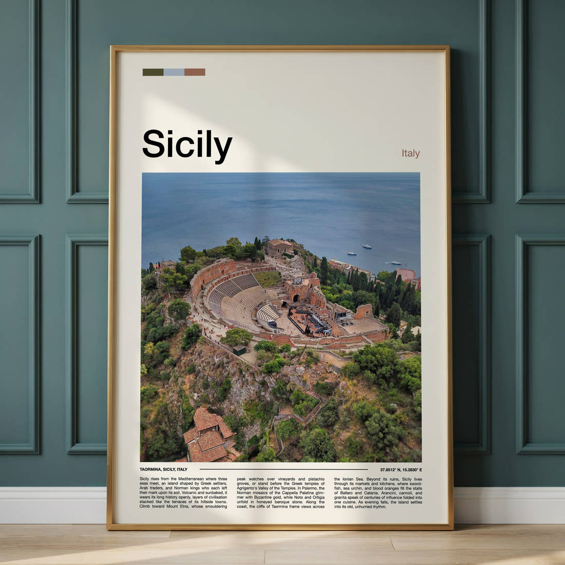Sicily Ancient Theatre Aerial Travel Print framed on the wall of a calm, neutral bedroom