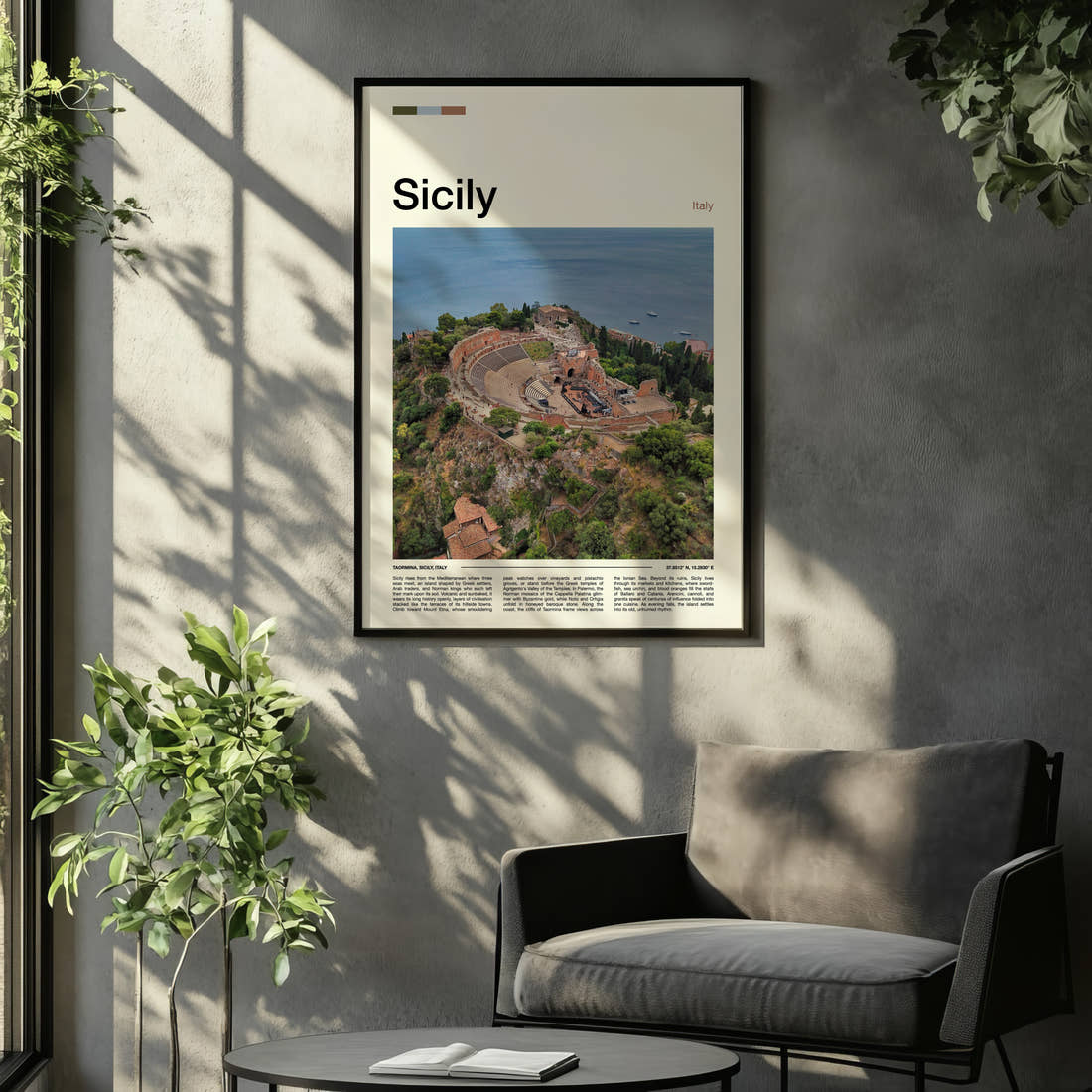 Sicily Ancient Theatre Aerial Travel Print framed on the wall of a relaxed living room