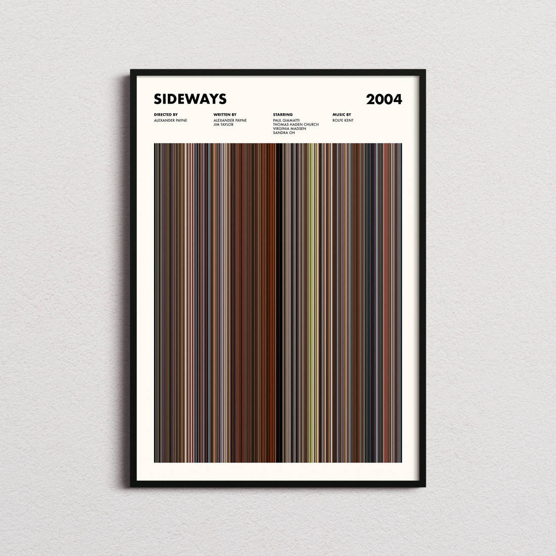 Sideways Movie Barcode Poster framed on a plain studio wall