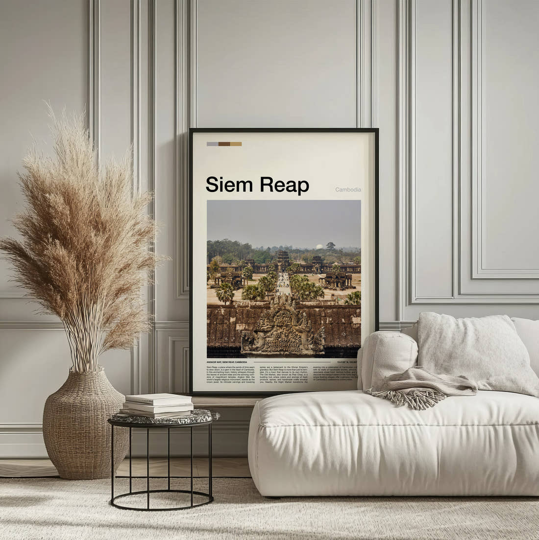 Siem Reap Angkor Wat Travel Print framed on the wall of a calm, neutral bedroom