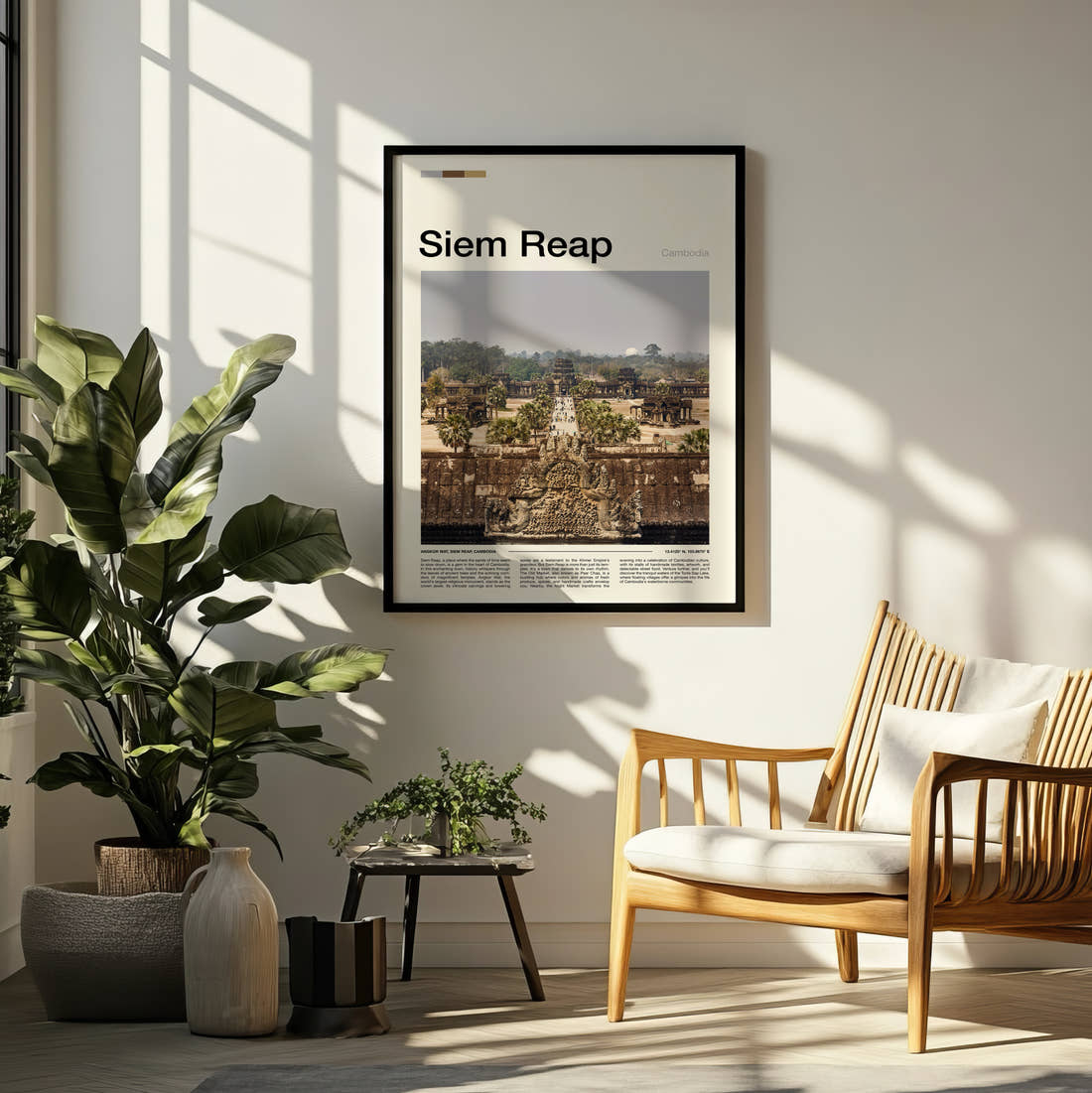 Siem Reap Angkor Wat Travel Print framed on a pale wall beside houseplants