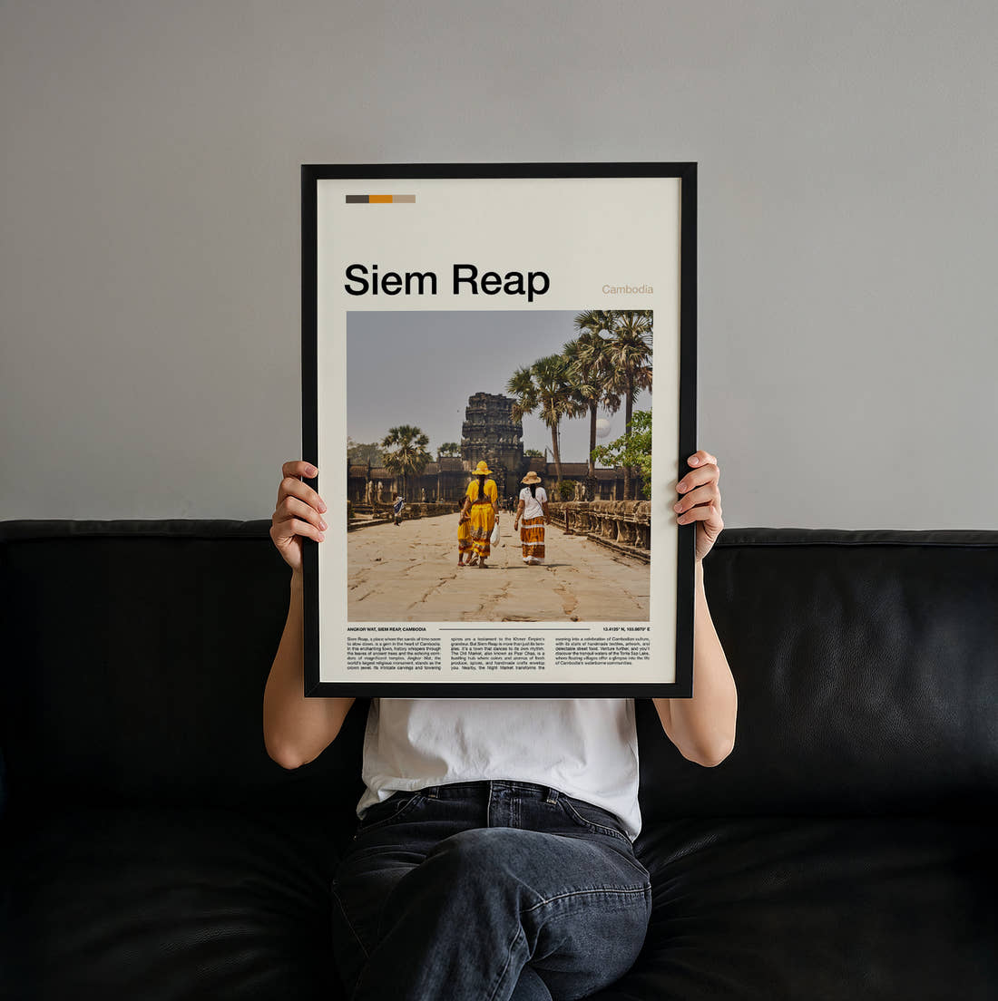 Siem Reap Temple Causeway Travel Print held up by hand to show the size of the print