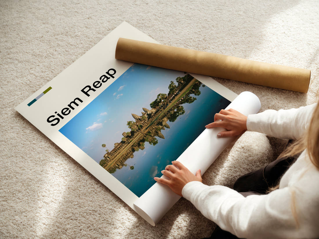 Siem Reap Angkor Wat Reflection Travel Print being unrolled from its postal tube