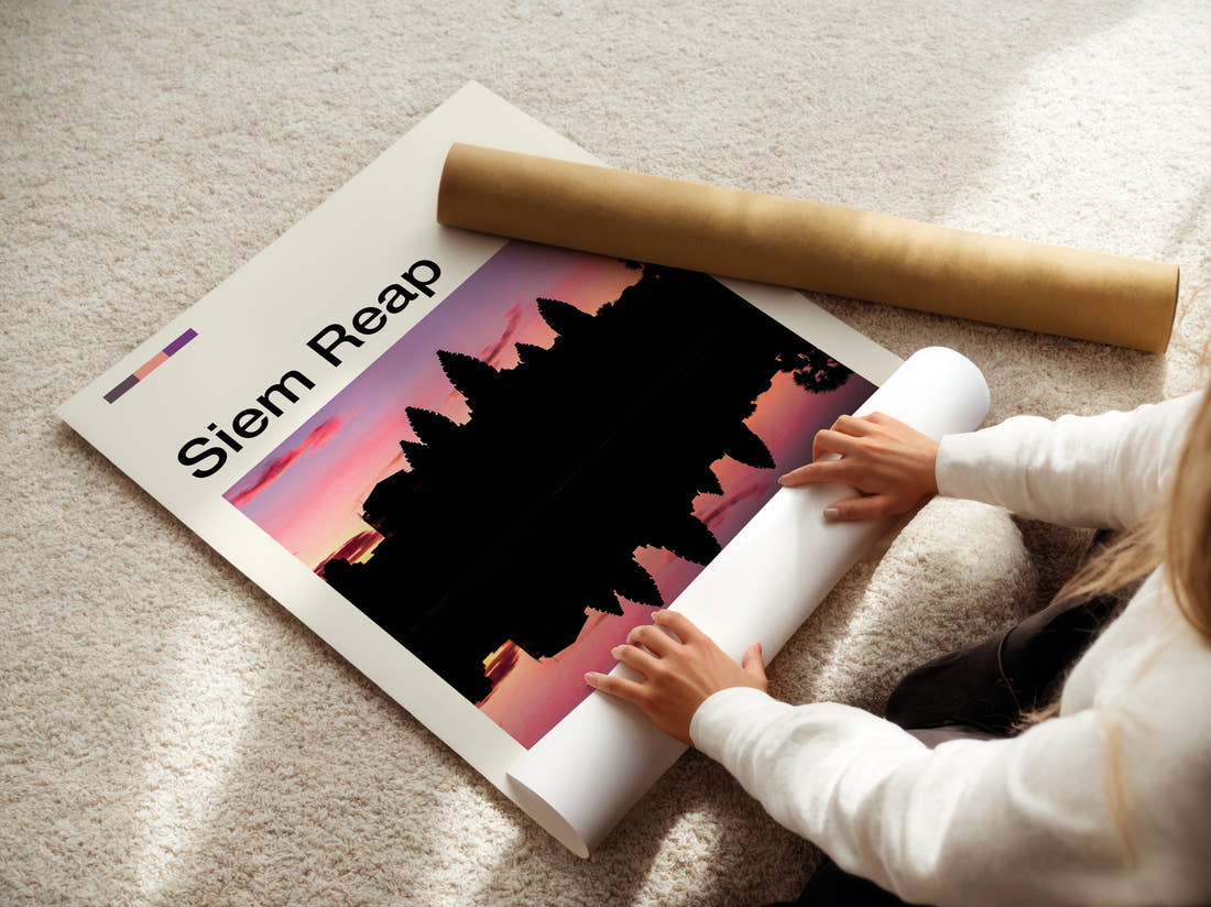 Siem Reap Temple Silhouette At Sunset Travel Print being unrolled from its postal tube