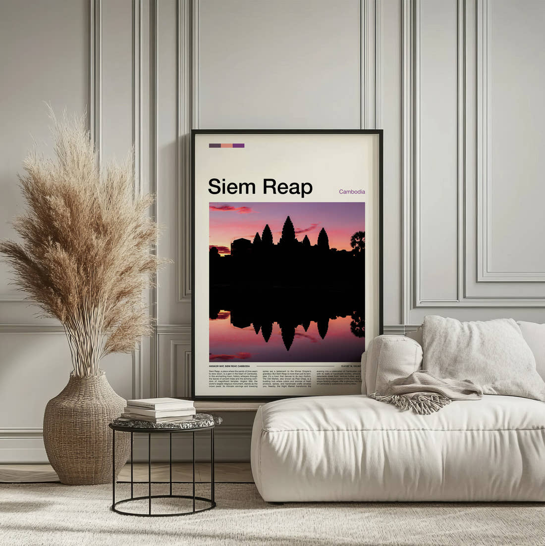 Siem Reap Temple Silhouette At Sunset Travel Print framed on the wall of a calm, neutral bedroom