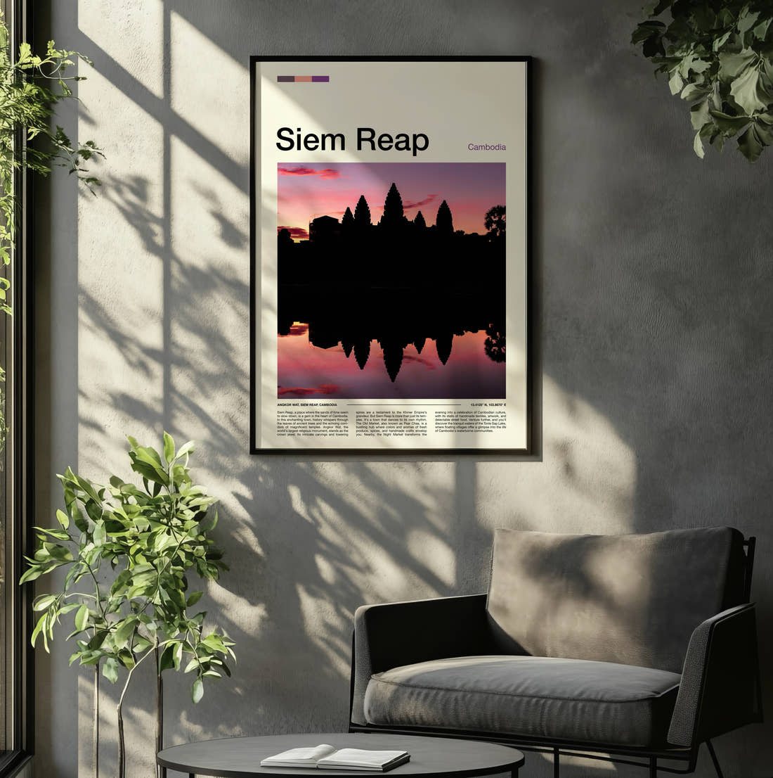 Siem Reap Temple Silhouette At Sunset Travel Print framed on the wall of a relaxed living room
