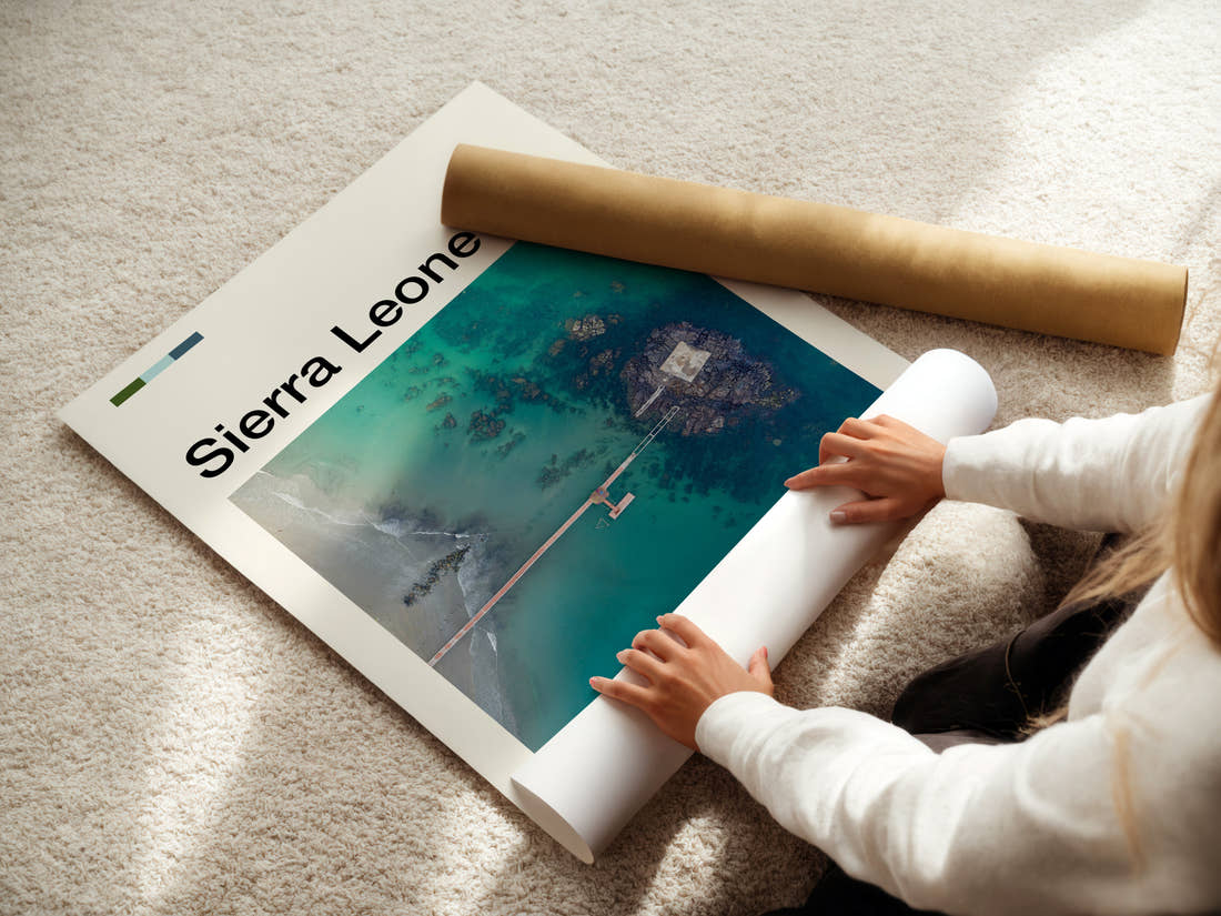 Sierra Leone Aerial Jetty View Travel Print being unrolled from its postal tube