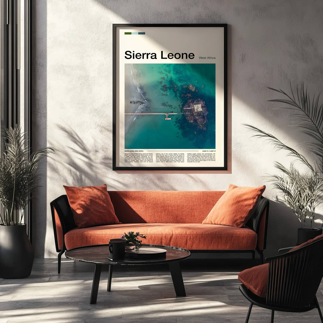 Sierra Leone Aerial Jetty View Travel Print framed on the wall of a modern living room