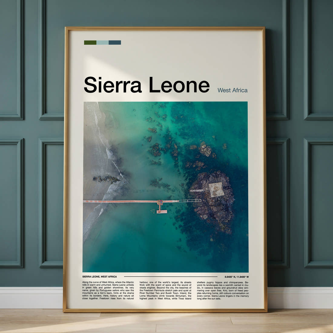 Sierra Leone Aerial Jetty View Travel Print framed on the wall of a calm, neutral bedroom