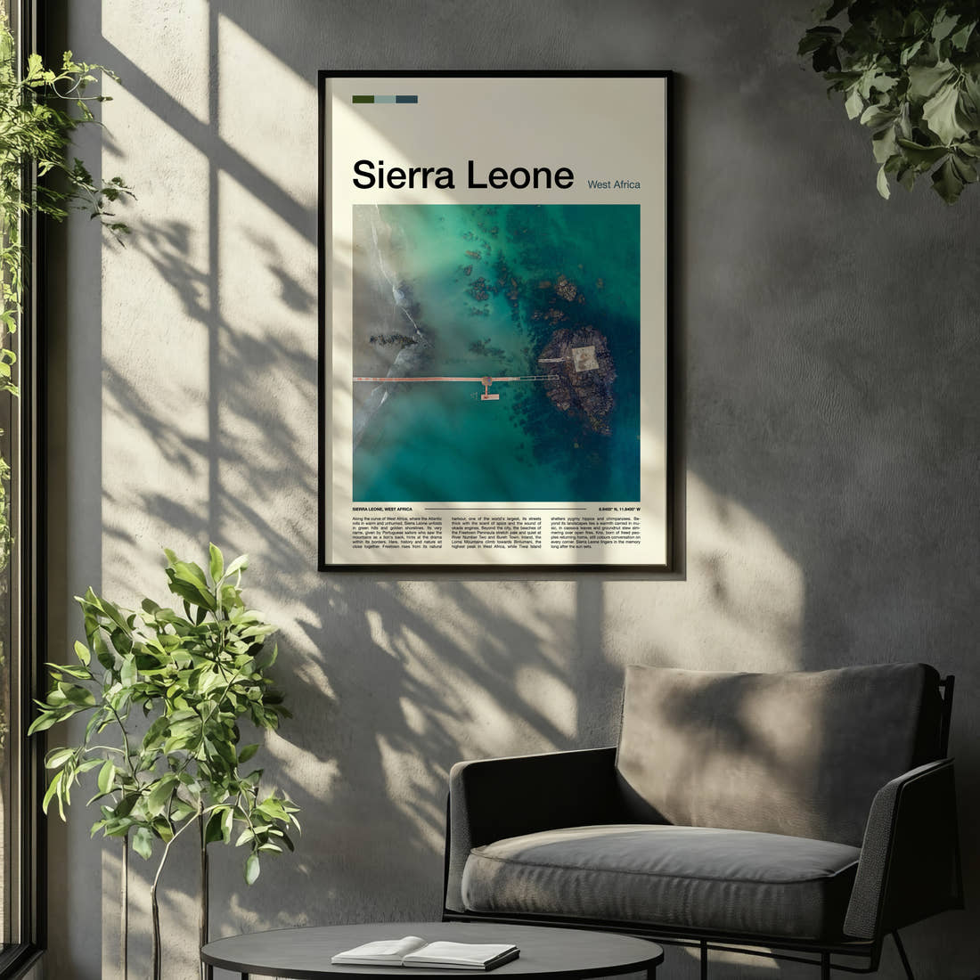 Sierra Leone Aerial Jetty View Travel Print framed on the wall of a relaxed living room