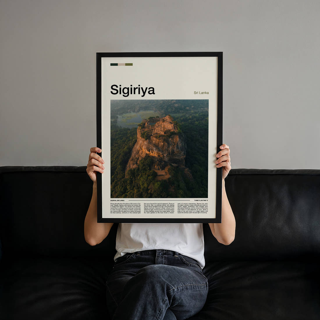 Sigiriya Aerial Rock Fortress Travel Print held up by hand to show the size of the print