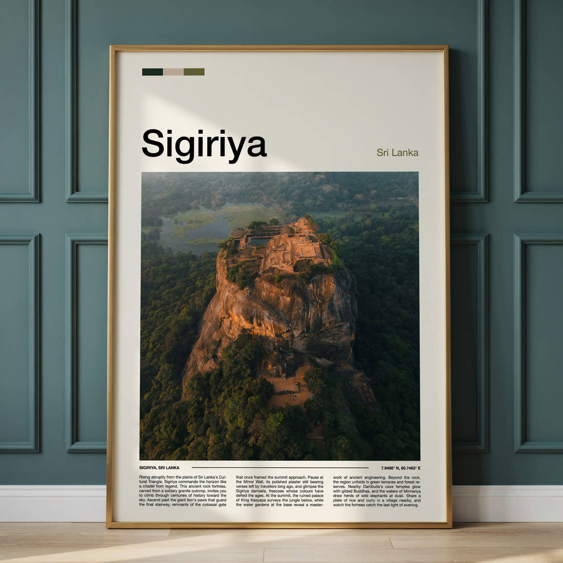 Sigiriya Aerial Rock Fortress Travel Print framed on the wall of a calm, neutral bedroom