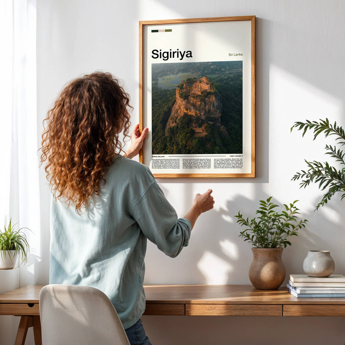 Sigiriya Aerial Rock Fortress Travel Print framed on a pale wall beside houseplants