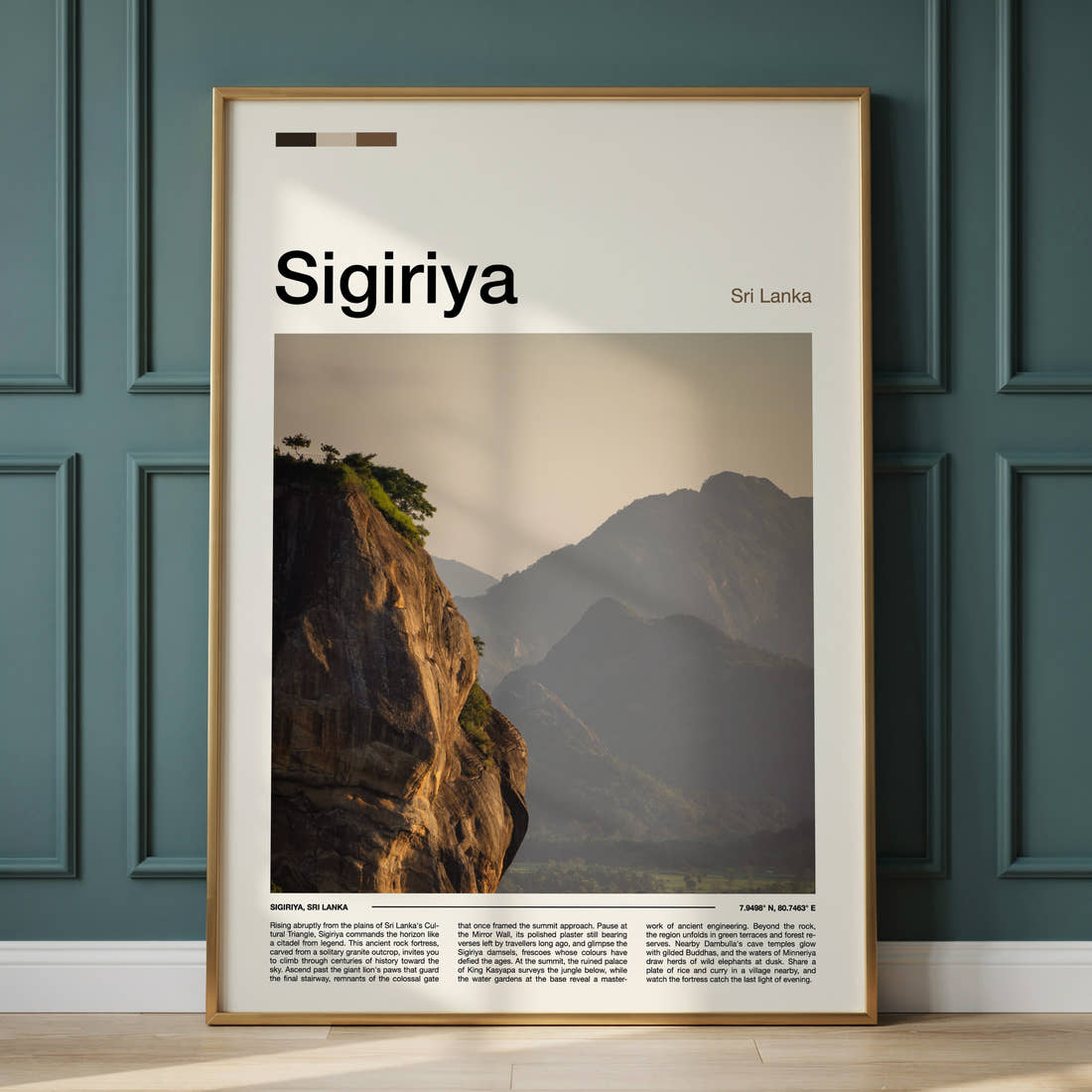 Sigiriya Granite Rock Outcrop Travel Print framed on the wall of a calm, neutral bedroom