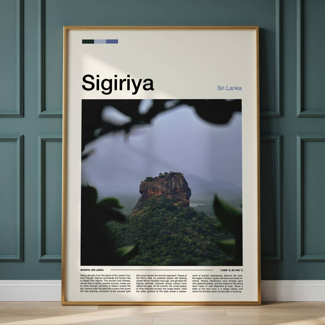 Sigiriya Rock Fortress Jungle View Travel Print framed on the wall of a calm, neutral bedroom