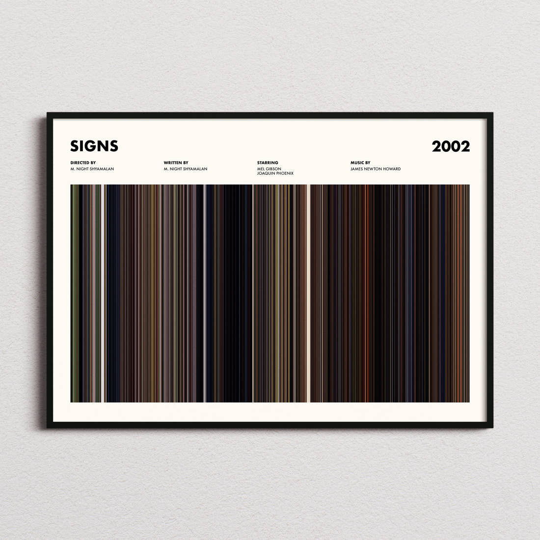 Signs Movie Barcode Poster framed and photographed straight on