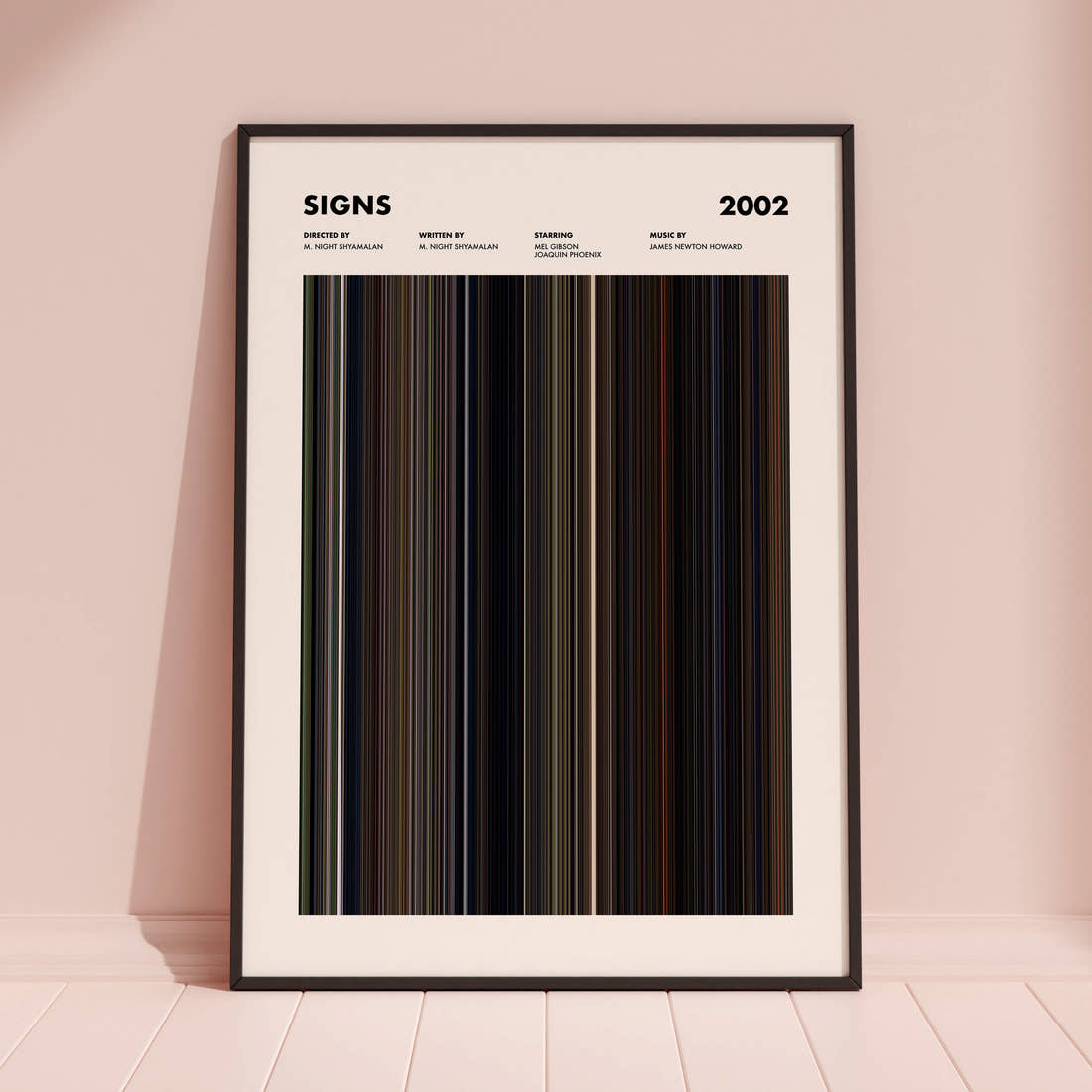 Signs Movie Barcode Poster framed and leaning against a coloured wall
