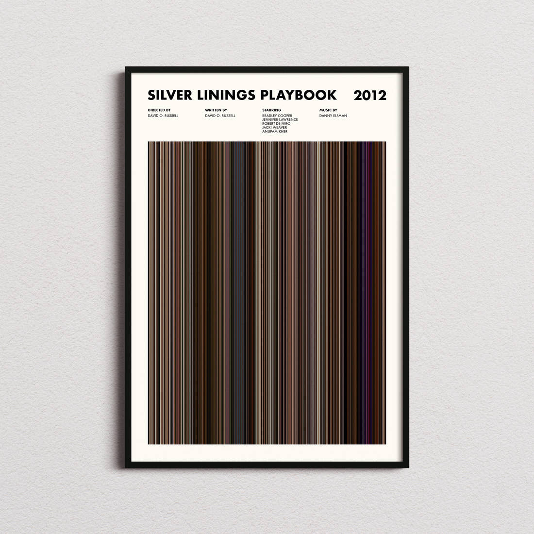 Silver Linings Playbook Movie Barcode Poster framed on a plain studio wall