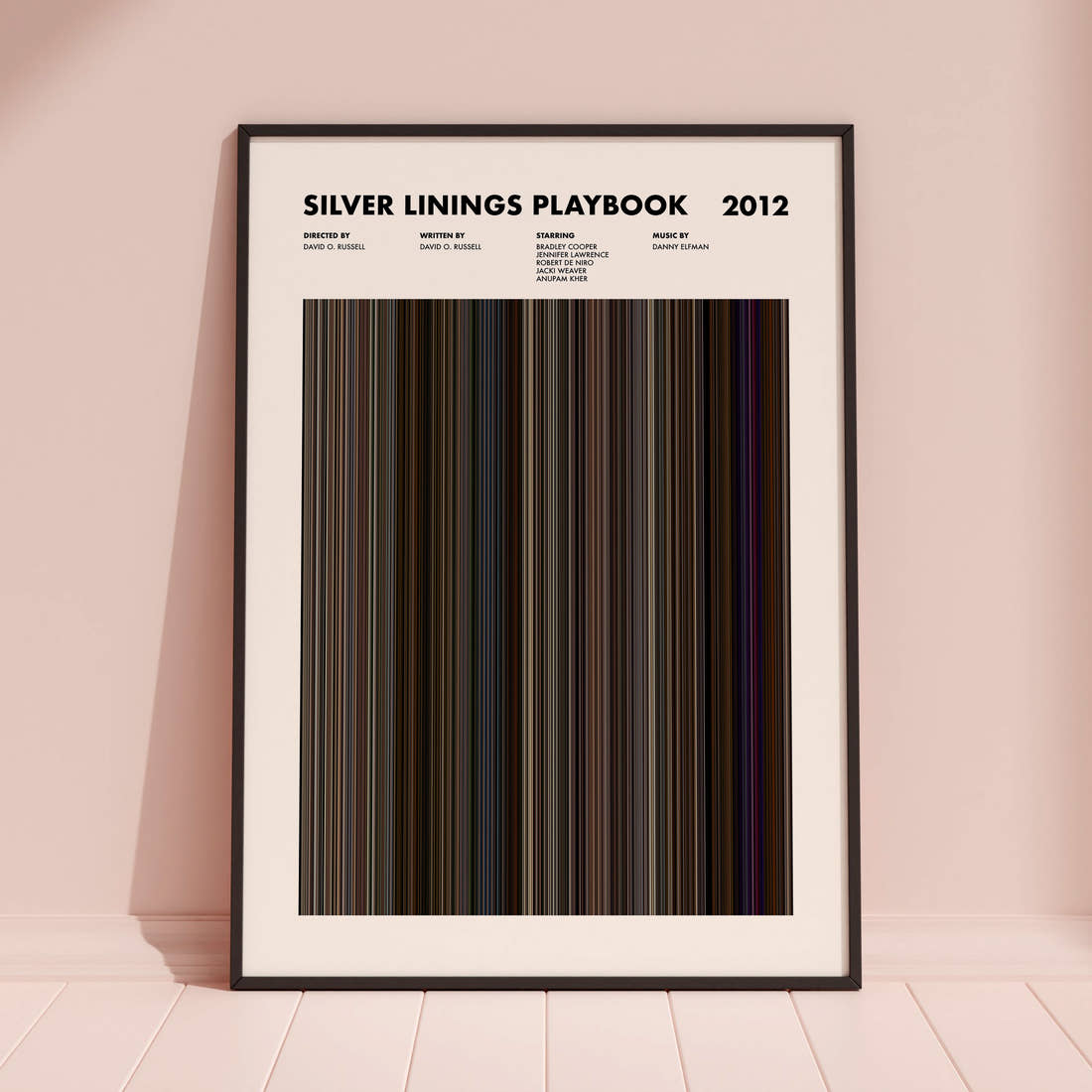 Silver Linings Playbook Movie Barcode Poster framed and leaning against a coloured wall